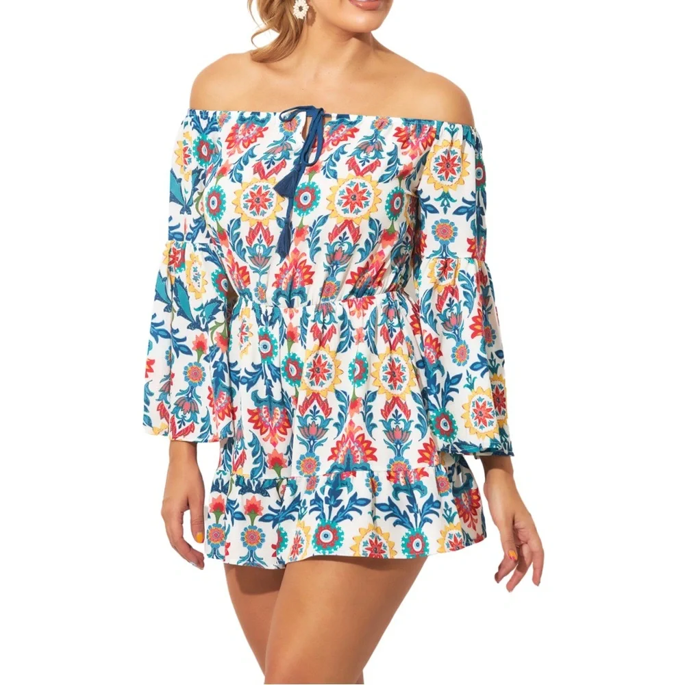 Coverup Off Shoulder Romper with Bell Sleeves - Picture 1 of 4